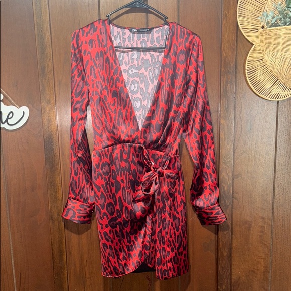 Zara Dresses & Skirts - Zara Red and Black Leopard Print Wrap Dress
